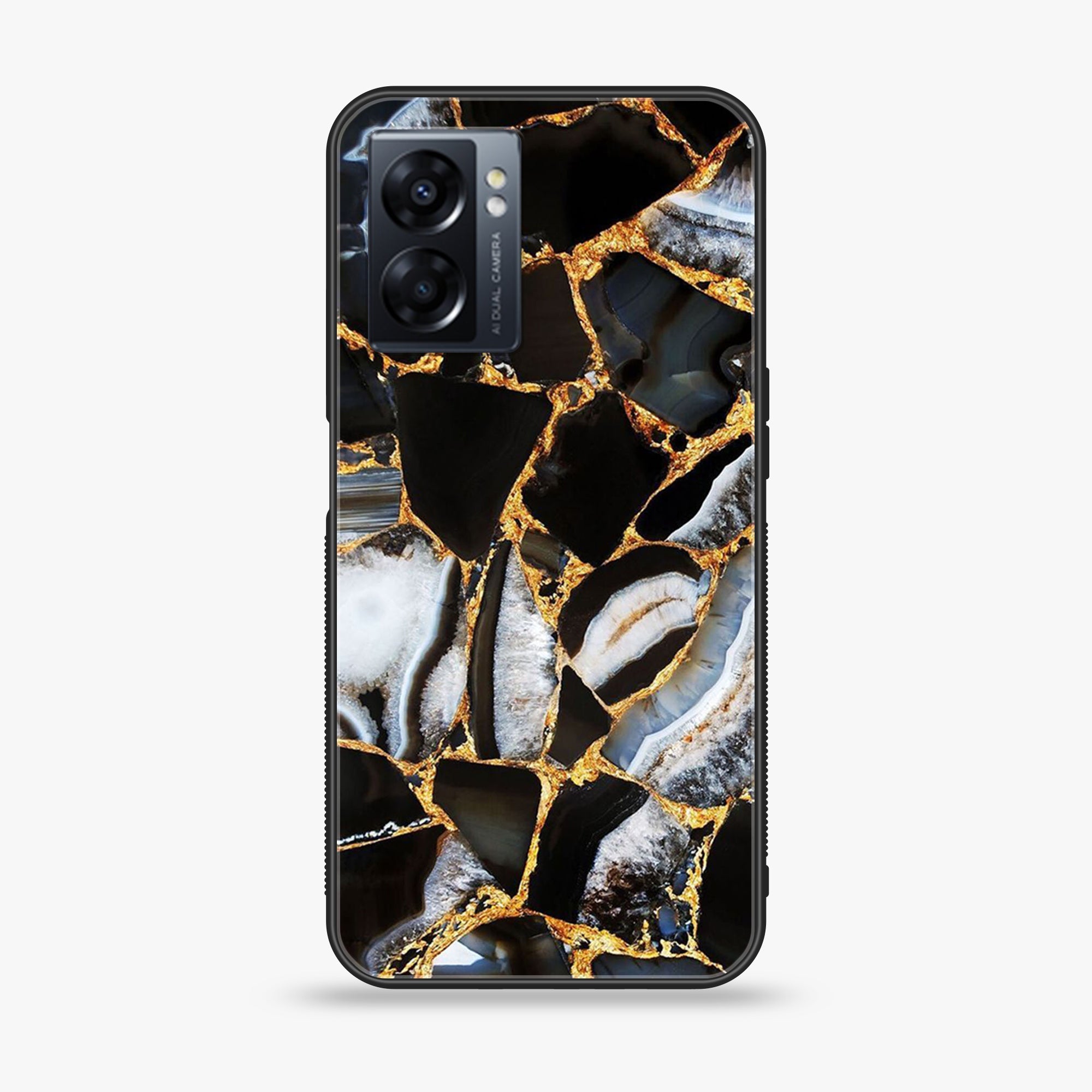 Oppo A77s - Black Marble Series - Premium Printed Glass soft Bumper shock Proof Case