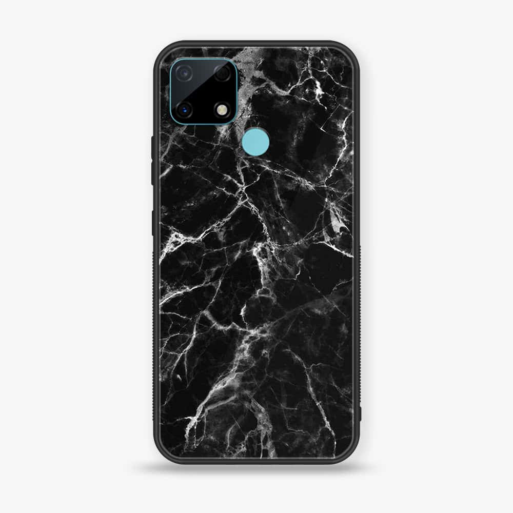 Realme C25 - Black Marble Series - Premium Printed Glass soft Bumper shock Proof Case