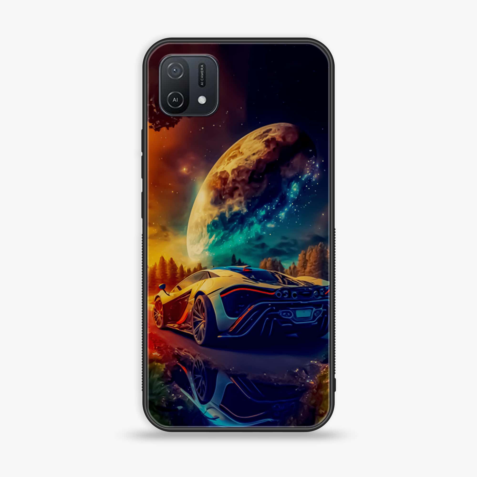 OPPO A16k Racing Series Premium Printed Glass soft Bumper shock Proof Case