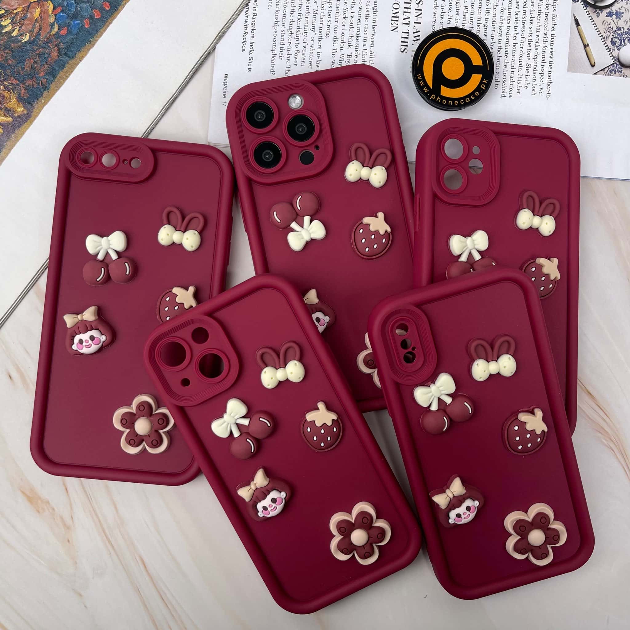 iPhone 15 Cute 3D Cherry Flower Icons Silicon Case