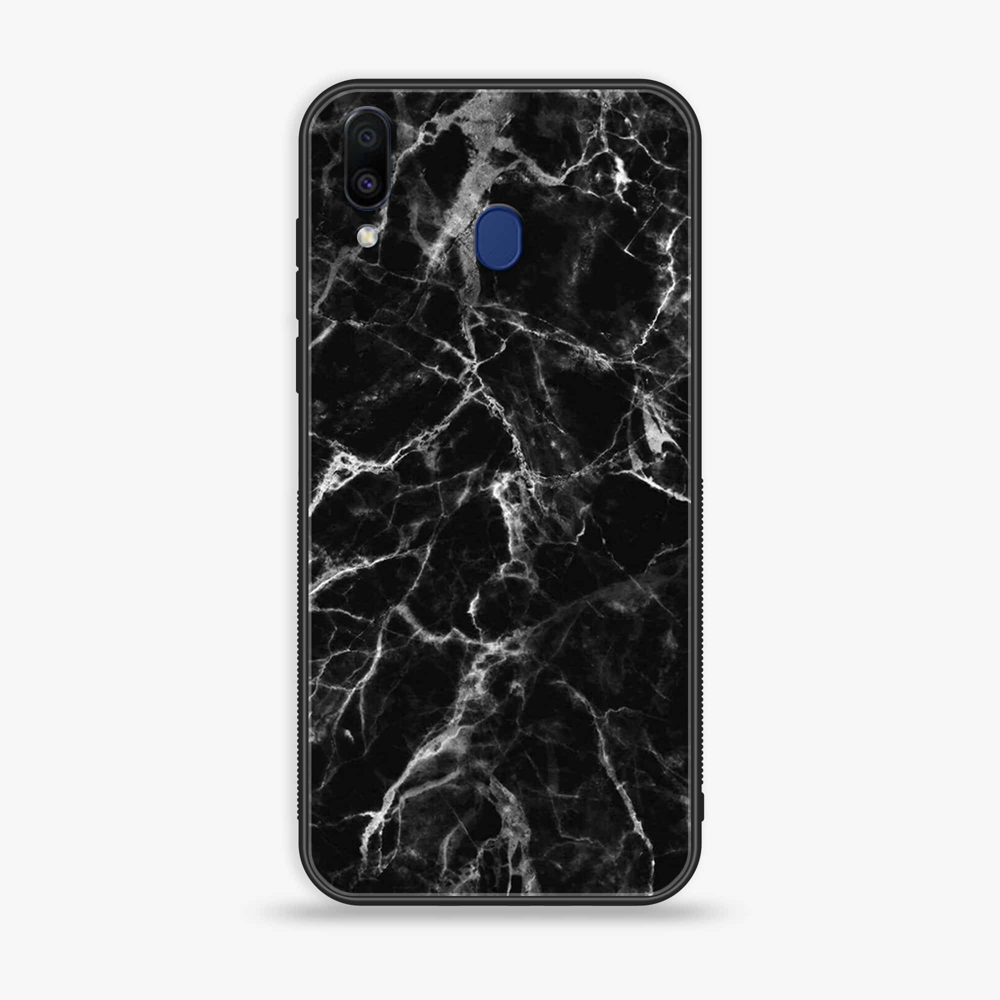 Samsung Galaxy M20 - Black Marble Series - Premium Printed Glass soft Bumper shock Proof Case