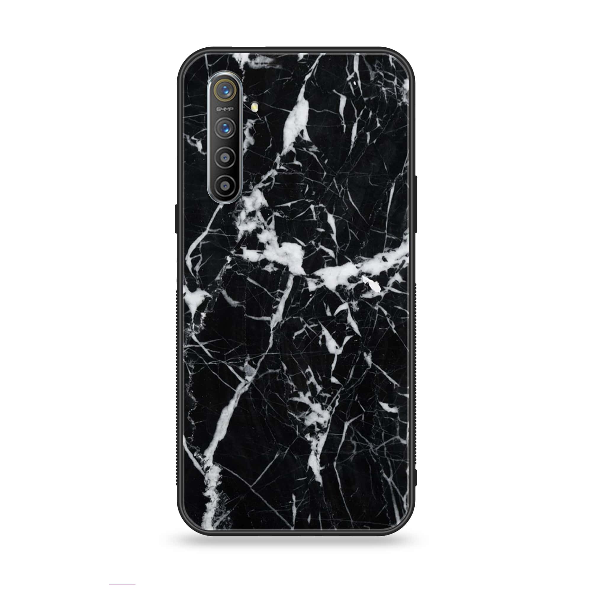 Realme XT - Black Marble Series - Premium Printed Glass soft Bumper shock Proof Case