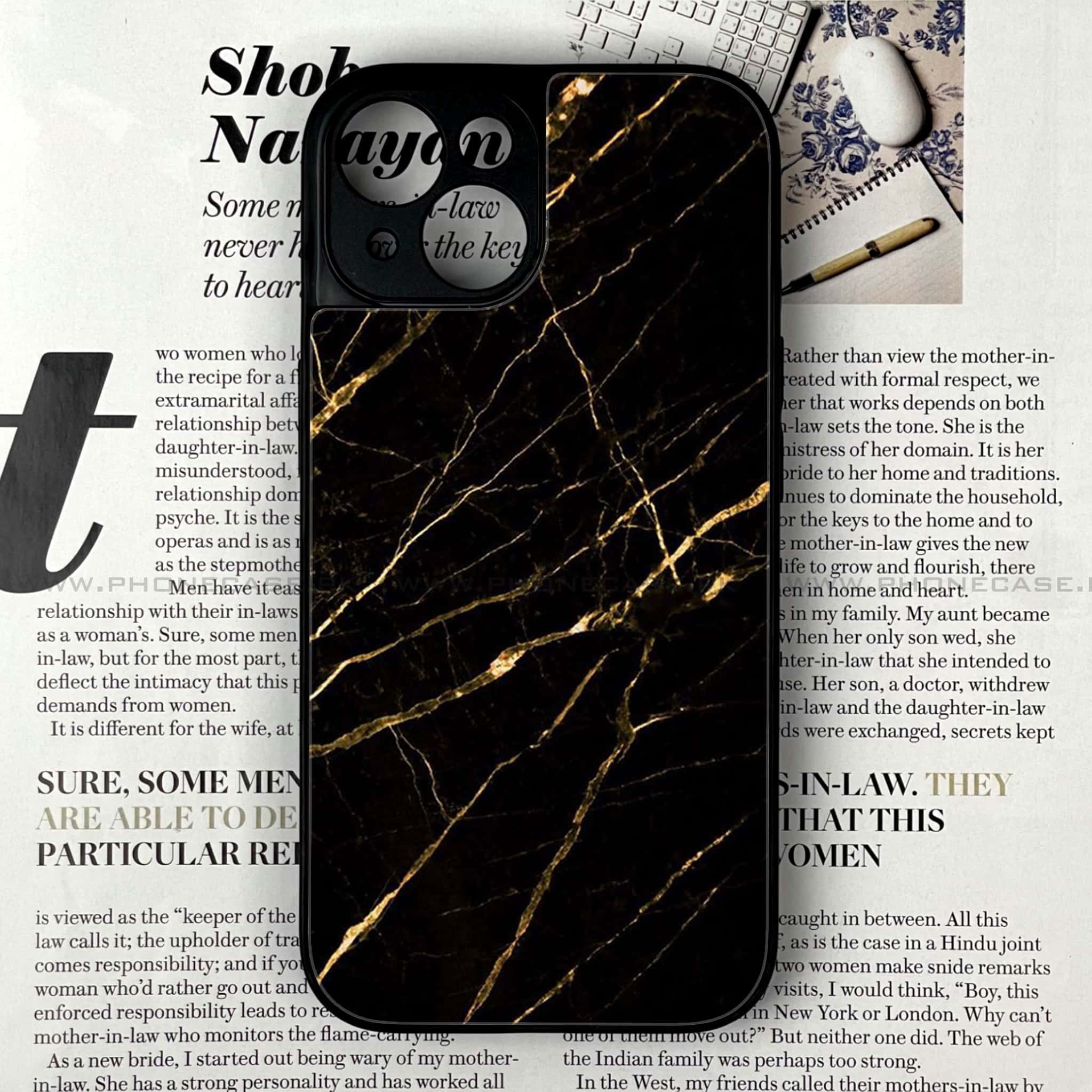 iPhone 15 - Black Marble Series - Premium Printed Glass soft Bumper shock Proof Case