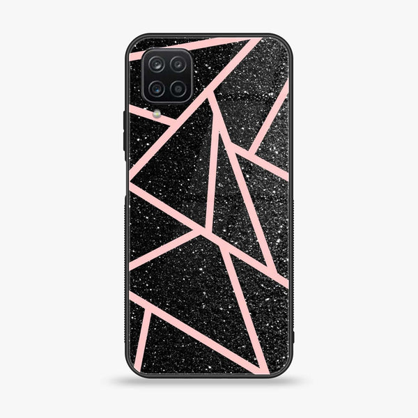 Samsung Galaxy A12 Nacho - Black Sparkle Glitter With Rose Gold Lines - Premium Printed Glass Case