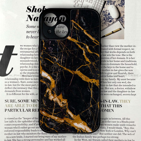 iPhone 15 - Golden Black Marble - Premium Printed Glass soft Bumper Shock Proof Case