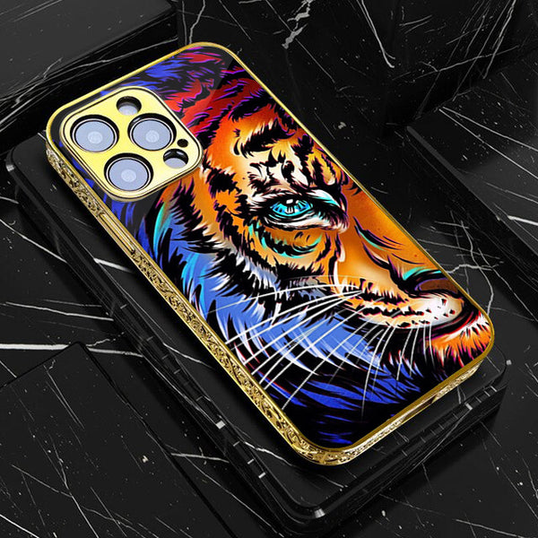 iPhone All Models Tiger Art - Premium Electroplated Infinity Ultra Shine Glass Soft Silicon Borders Case