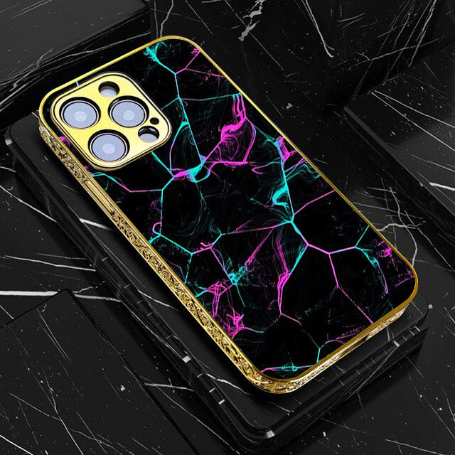 iPhone All Models Black Marble Series - Premium Electroplated Infinity Ultra Shine Glass Soft Silicon Borders Case