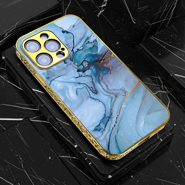 iPhone All Models Blue Marble Series - Premium Electroplated Infinity Ultra Shine Glass Soft Silicon Borders Case