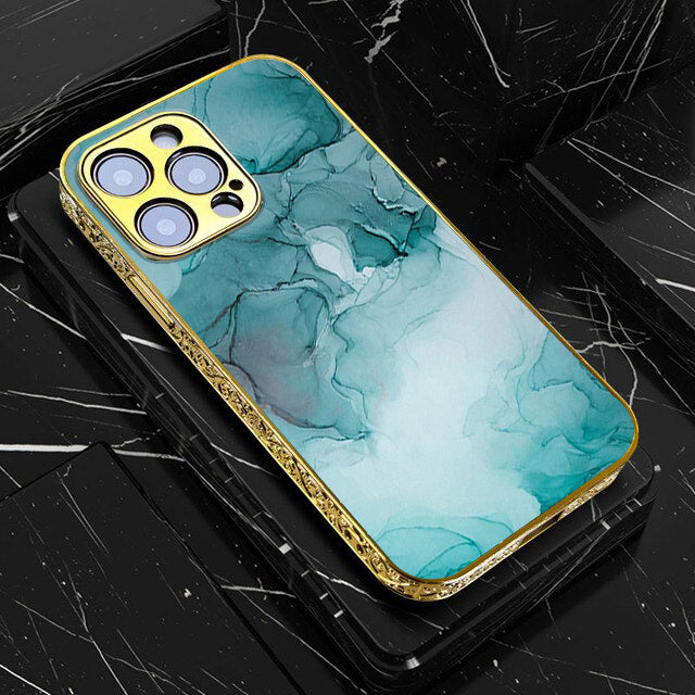iPhone All Models Blue Marble Series - Premium Electroplated Infinity Ultra Shine Glass Soft Silicon Borders Case
