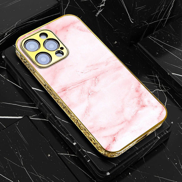 iPhone All Models Pink  Marble Series - Premium Electroplated Infinity Ultra Shine Glass Soft Silicon Borders Case