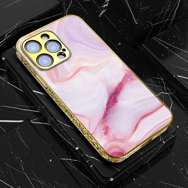 iPhone All Models Pink  Marble Series - Premium Electroplated Infinity Ultra Shine Glass Soft Silicon Borders Case