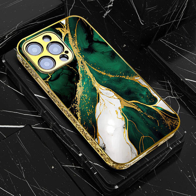iPhone All Models Liquid Marble Series - Premium Electroplated Infinity Ultra Shine Glass Soft Silicon Borders Case