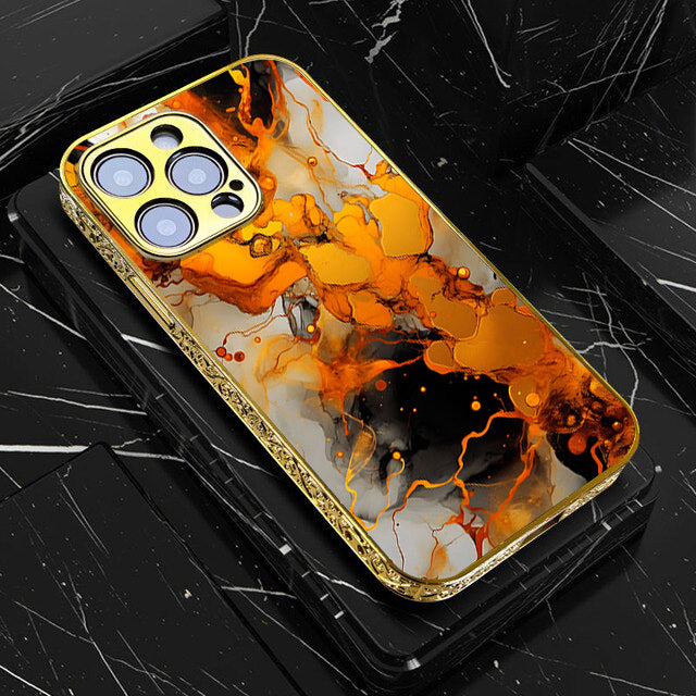 iPhone All Models Liquid Marble Series - Premium Electroplated Infinity Ultra Shine Glass Soft Silicon Borders Case