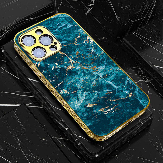 iPhone All Models Blue Marble 2.0 Series - Premium Electroplated Infinity Ultra Shine Glass Soft Silicon Borders Case