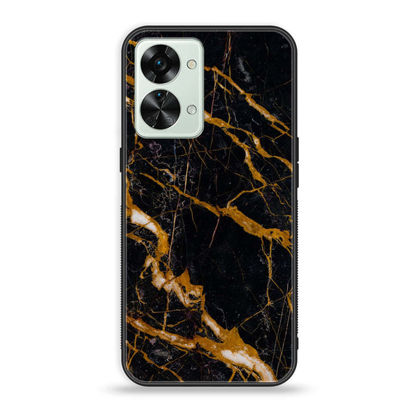 OnePlus Nord 2T 5G - Golden Black Marble - Premium Printed Glass soft Bumper Shock Proof Case