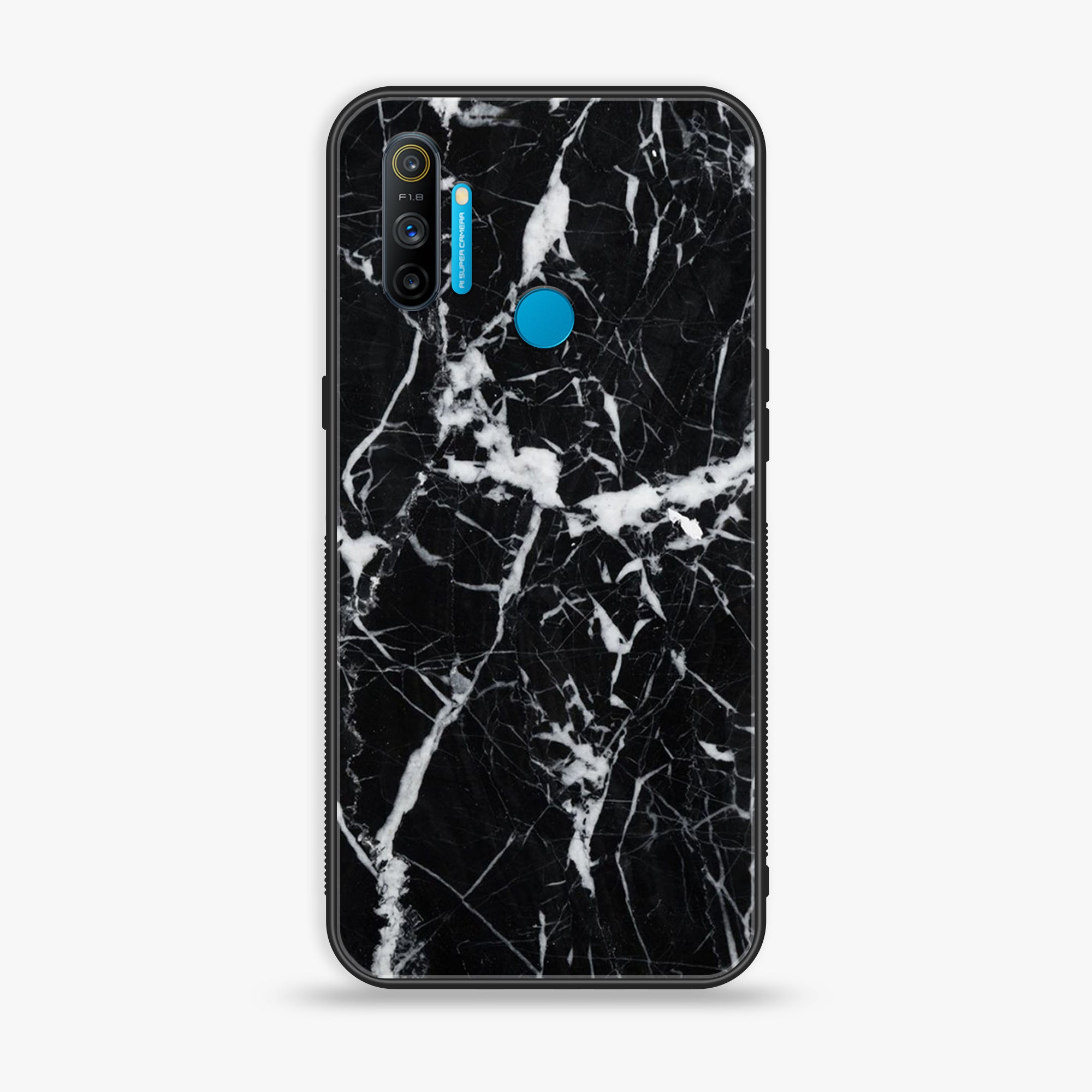 Realme C3  - Black Marble Series - Premium Printed Glass soft Bumper shock Proof Case