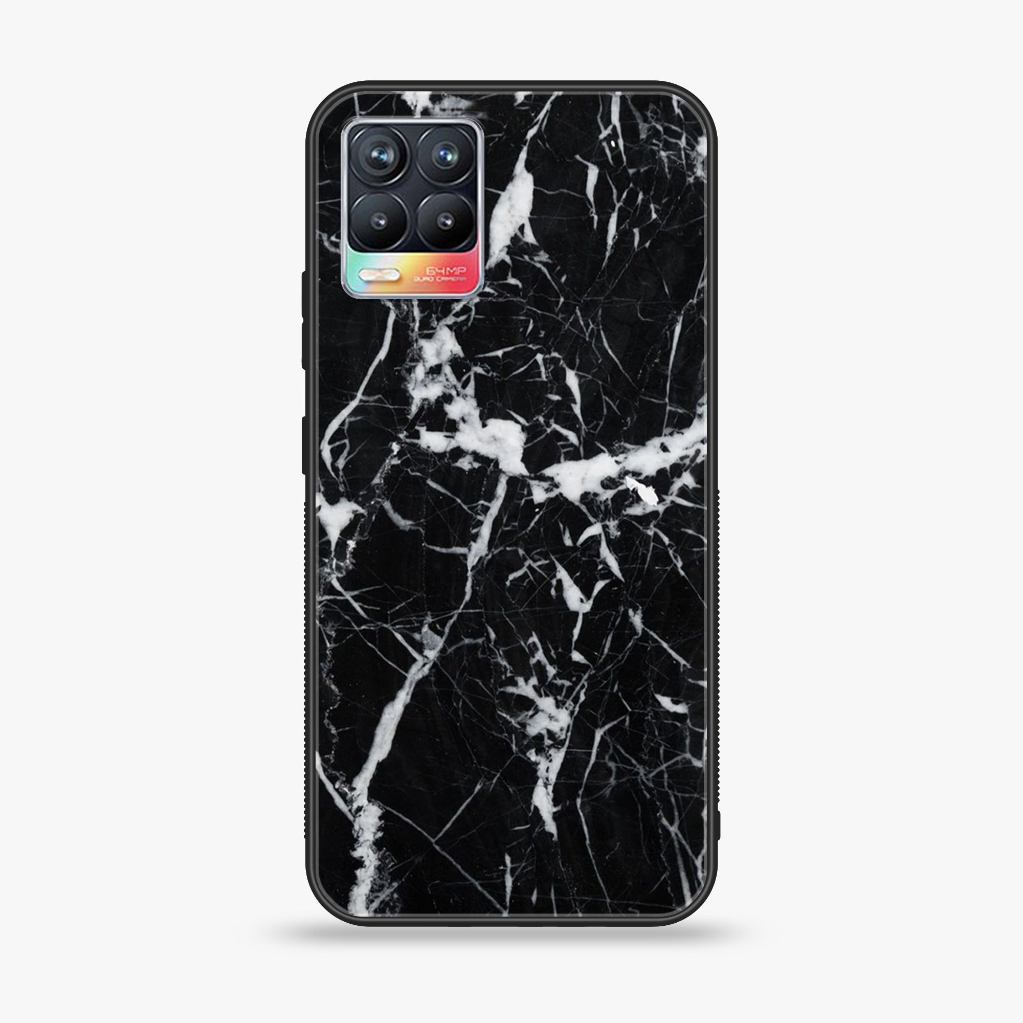 Realme 8  - Black Marble Series - Premium Printed Glass soft Bumper shock Proof Case