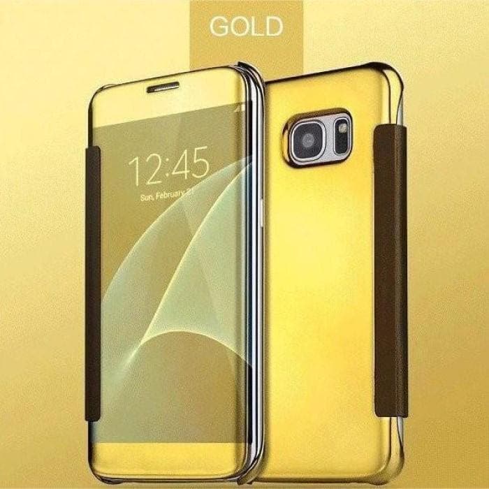 Luxury Mirror Pu Flip Case For All Samsung Models & Huawei P9 J5 [2016] / Gold