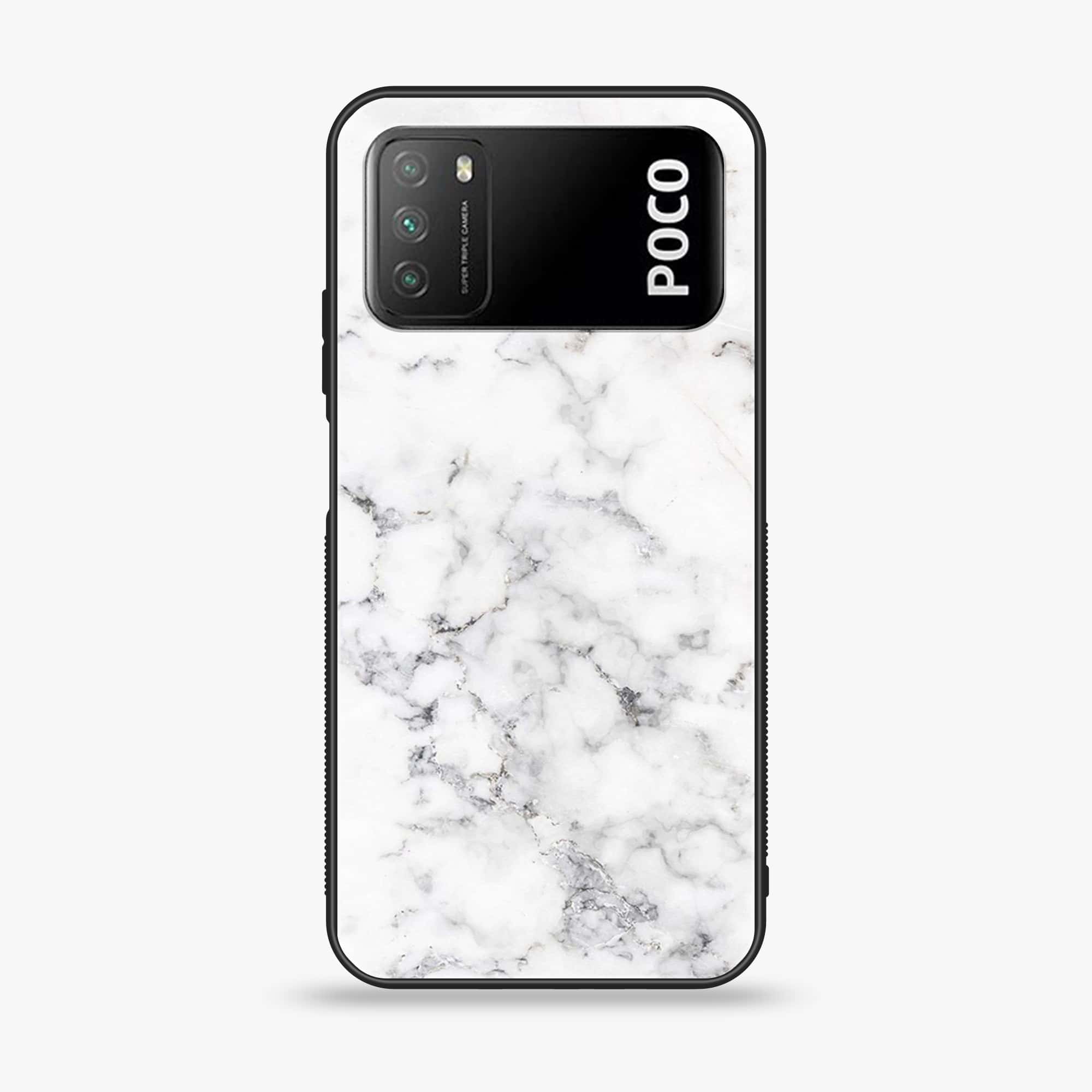 Xiaomi Poco M3 - White Marble Series - Premium Printed Glass soft Bumper shock Proof Case