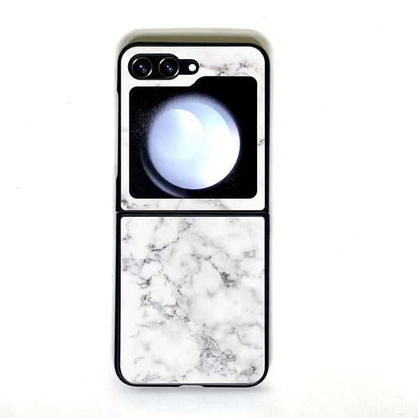 Galaxy Z Flip 5 - White Marble - Design 10 - Premium Printed Glass soft Bumper shock Proof Case