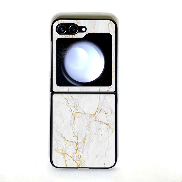 Galaxy Z Flip 5 - White Marble - Design 8 - Premium Printed Glass soft Bumper shock Proof Case