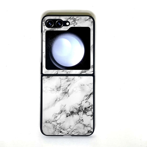 Galaxy Z Flip 5 - White Marble - Design 7 - Premium Printed Glass soft Bumper shock Proof Case