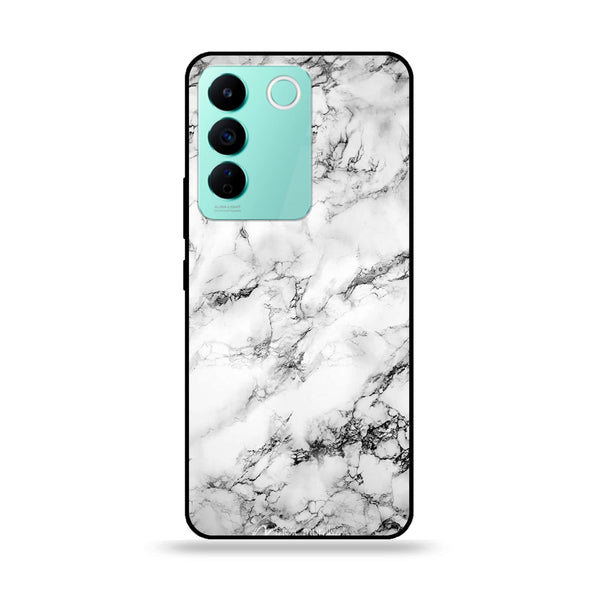 Vivo V27E - White Marble Design 7- Premium Printed Glass soft Bumper shock Proof Case CS-37239