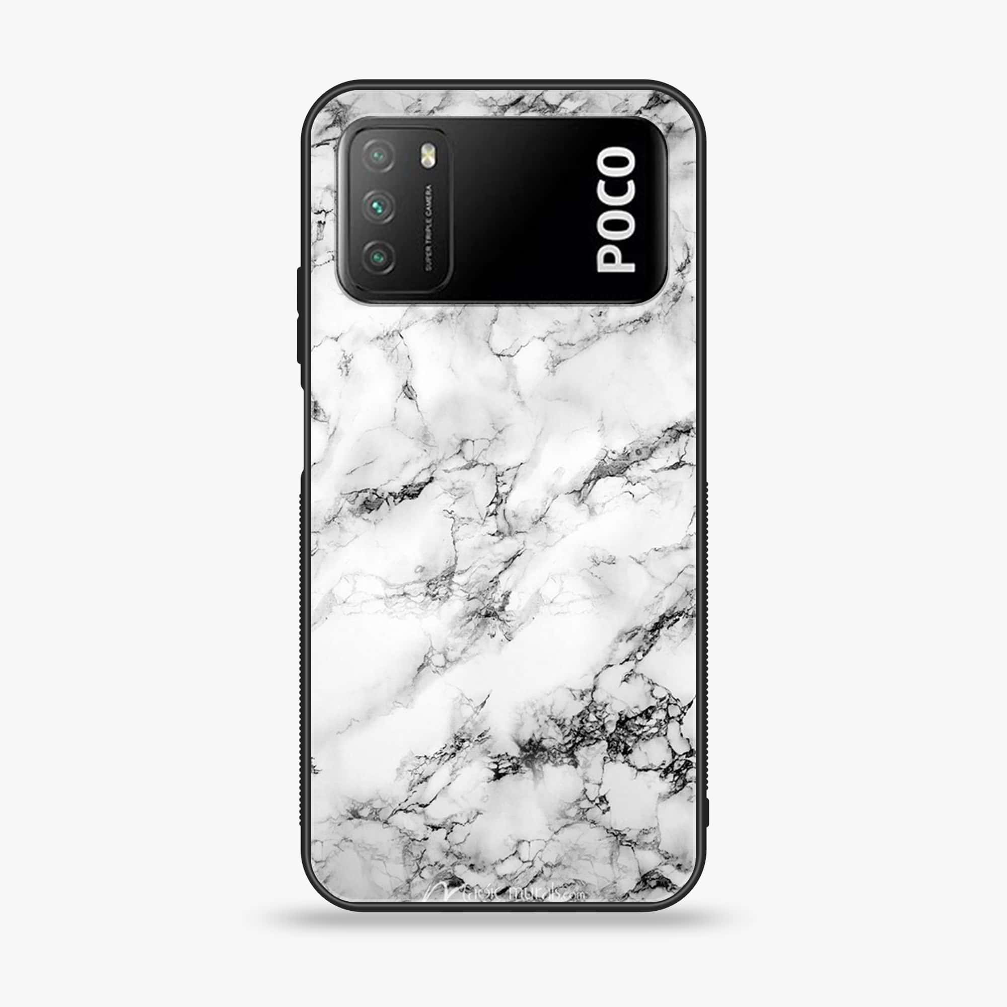 Xiaomi Poco M3 - White Marble Series - Premium Printed Glass soft Bumper shock Proof Case