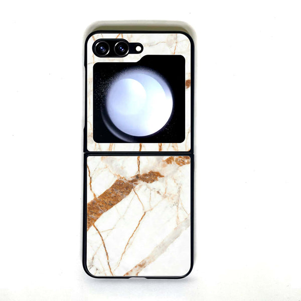 Galaxy Z Flip 5 - White Marble - Design 4 - Premium Printed Glass soft Bumper shock Proof Case