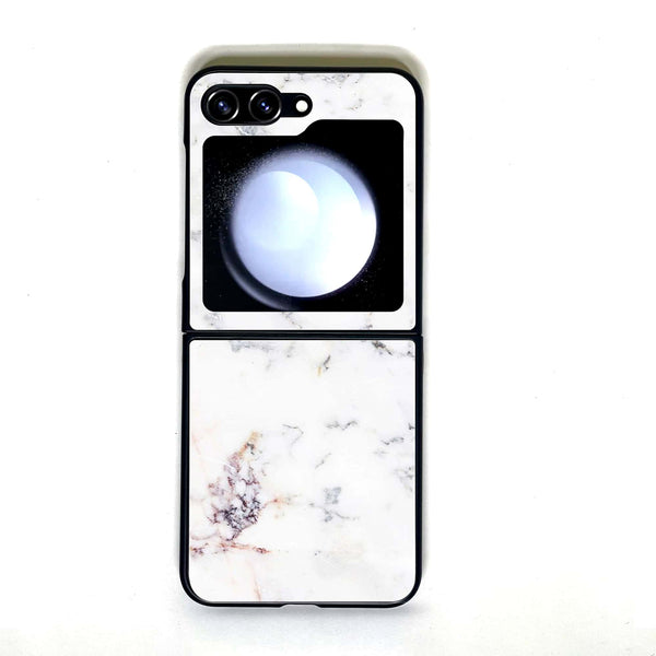 Galaxy Z Flip 5 - White Marble - Design 3 - Premium Printed Glass soft Bumper shock Proof Case