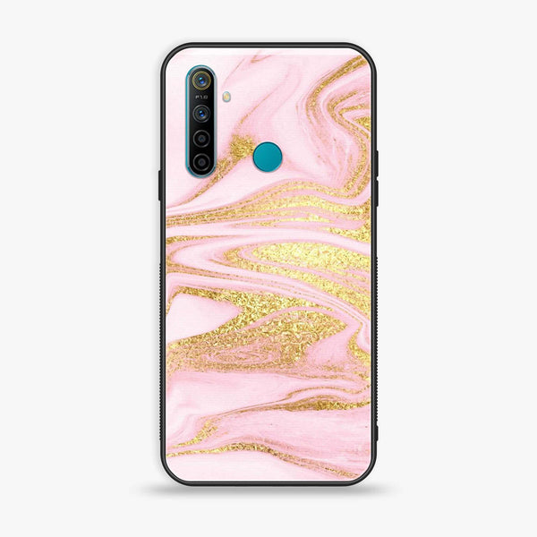 Realme 5 Pink Marble Series Premium Printed Glass soft Bumper shock Proof Case