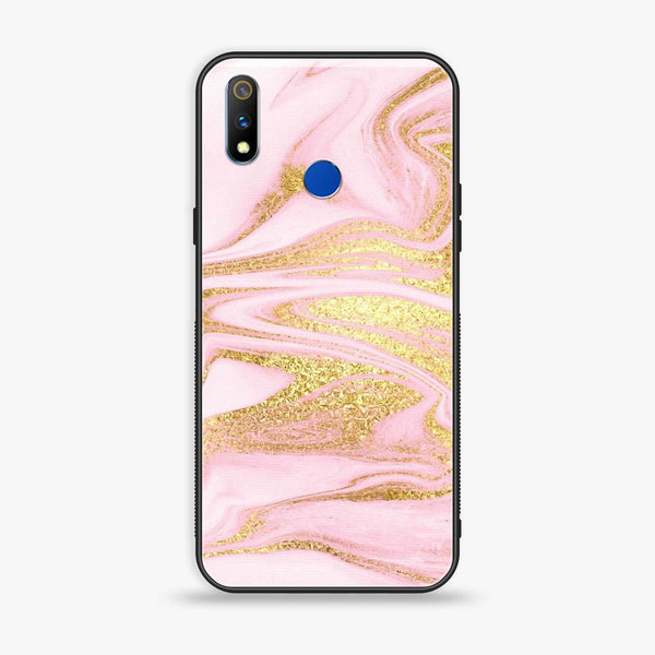 Realme 3 Pro Pink Marble Series Premium Printed Glass soft Bumper shock Proof Case