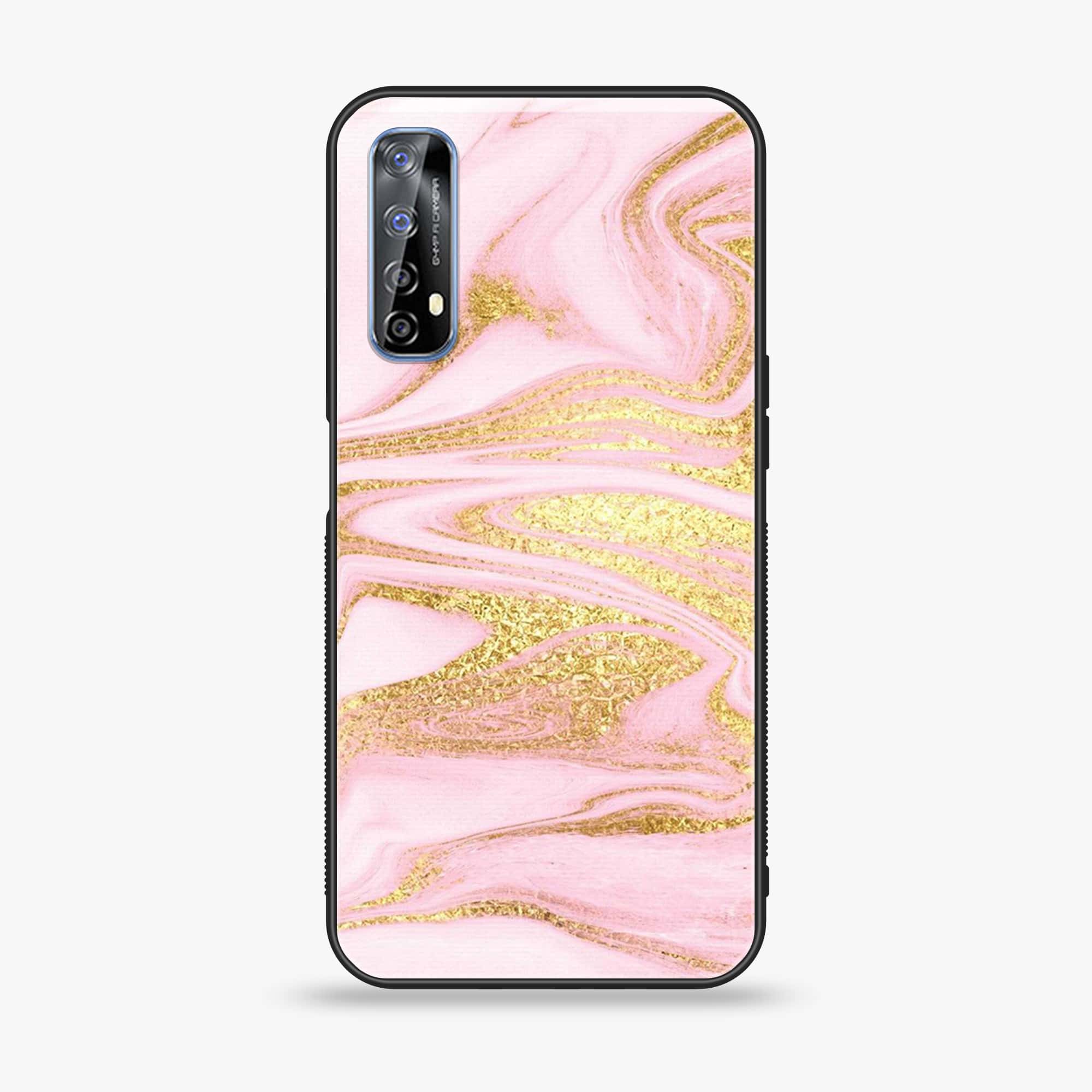Realme 7 Pink Marble Series  Premium Printed Glass soft Bumper shock Proof Case