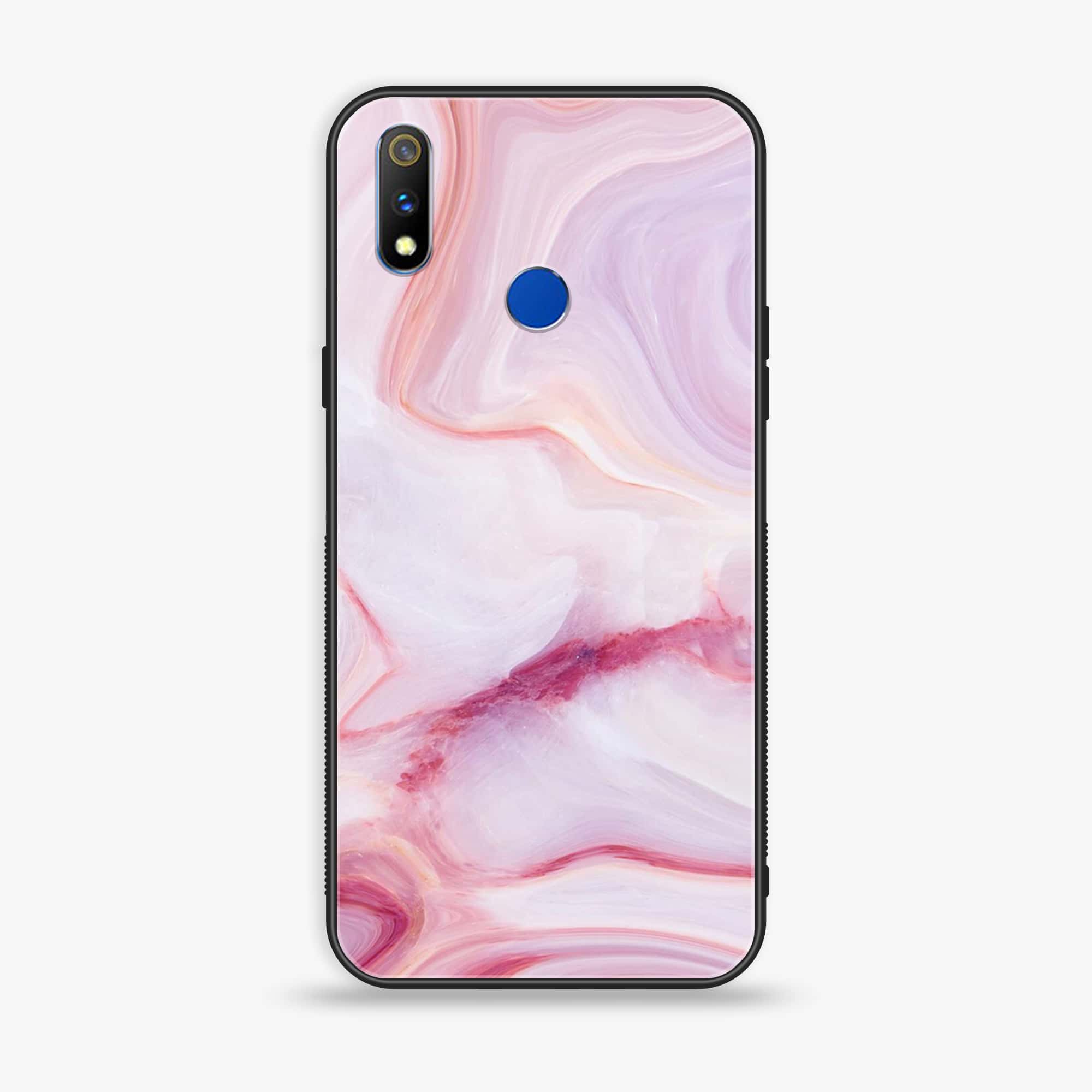 Realme 3 Pink Marble Series Premium Printed Glass soft Bumper shock Proof Case