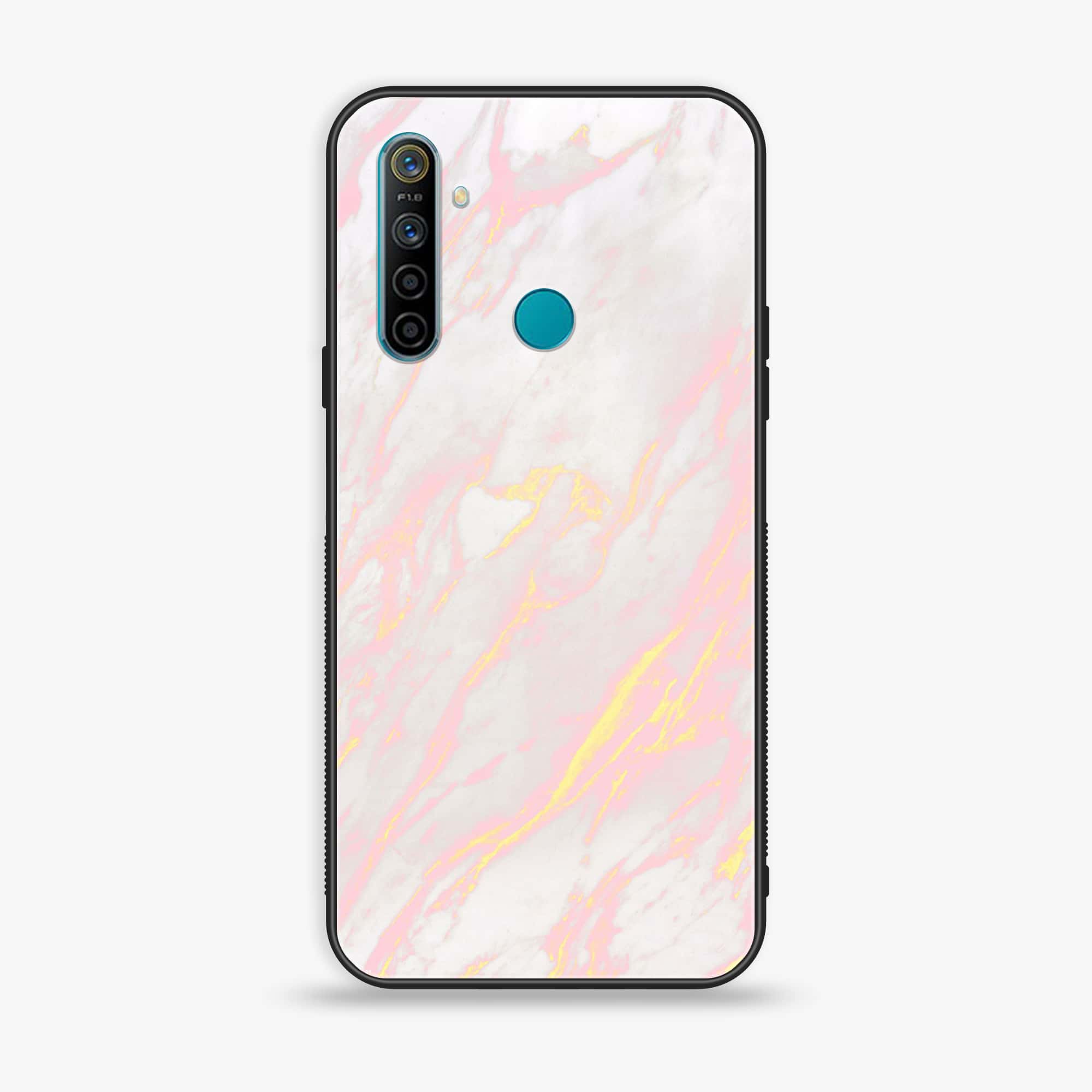 Realme 5i Pink Marble Series Premium Printed Glass soft Bumper shock Proof Case