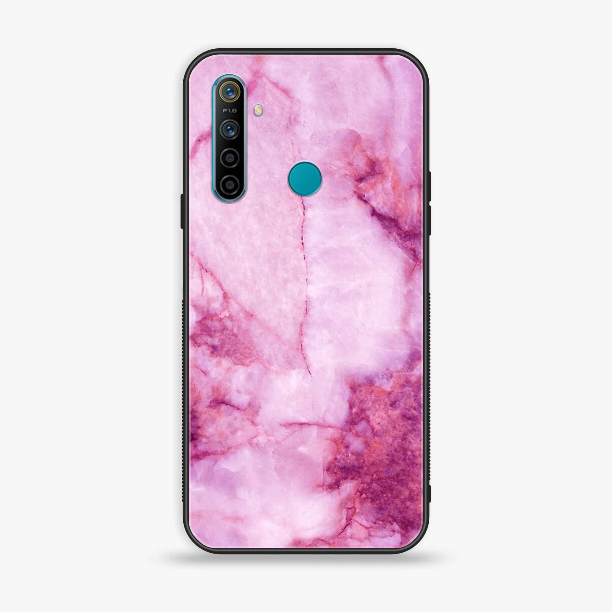 Realme 5i Pink Marble Series Premium Printed Glass soft Bumper shock Proof Case