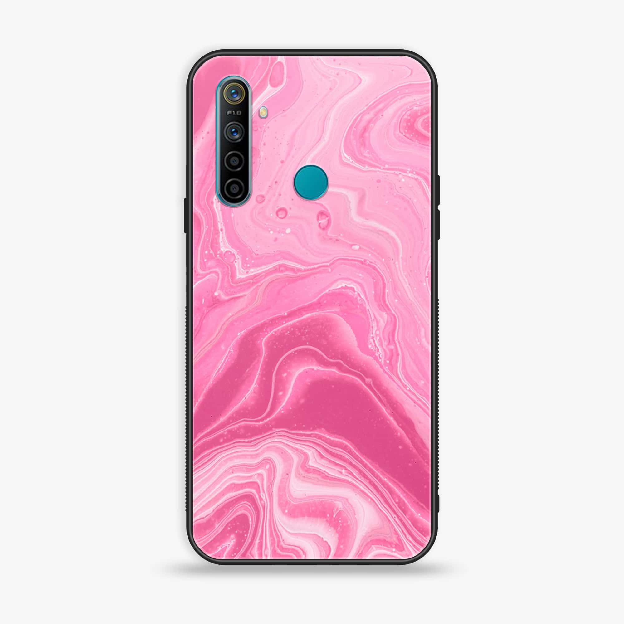 Realme 5 Pink Marble Series Premium Printed Glass soft Bumper shock Proof Case