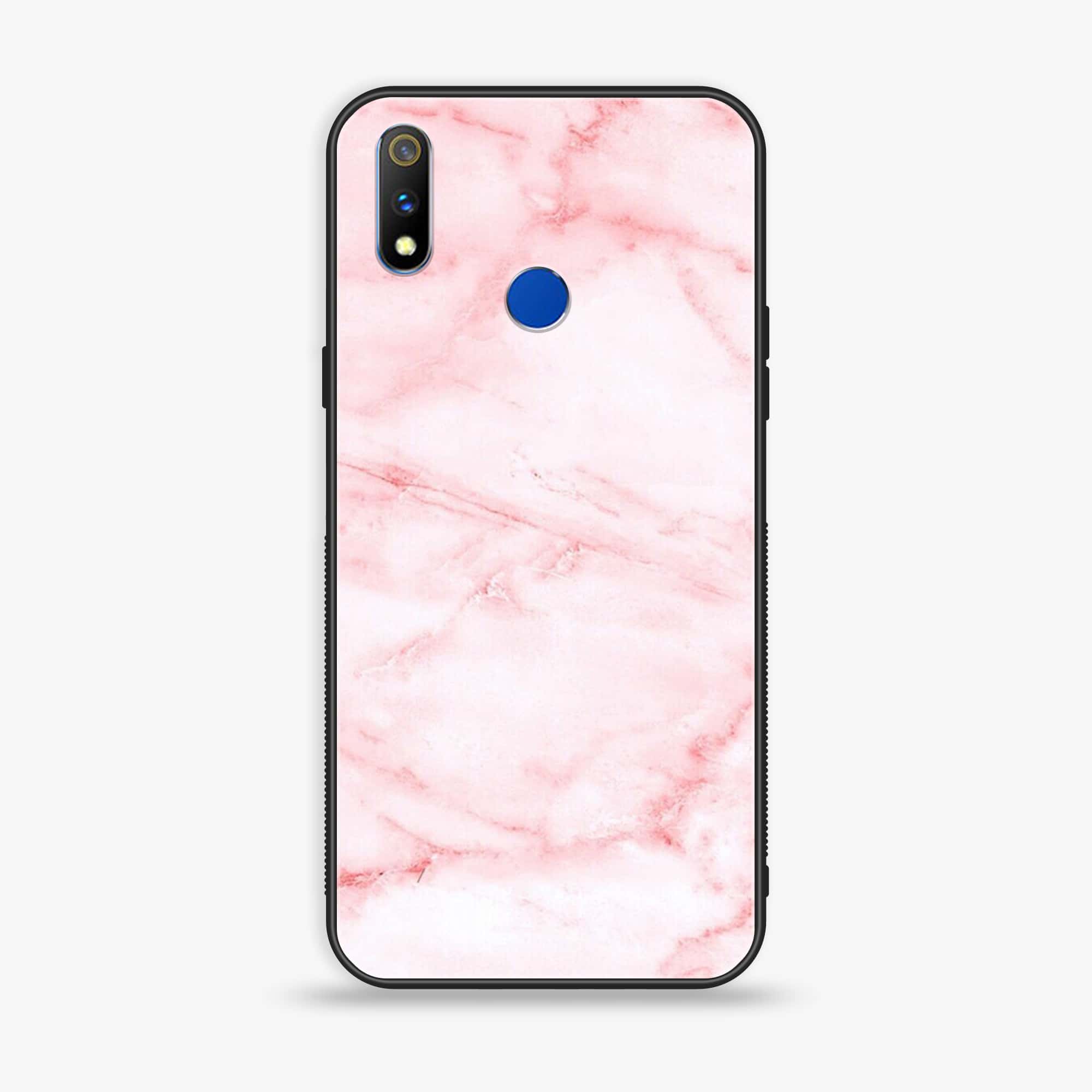 Realme 3 Pro Pink Marble Series Premium Printed Glass soft Bumper shock Proof Case