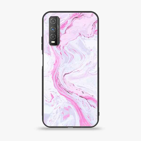 Vivo Y51s - Pink Marble Series - Premium Printed Glass soft Bumper shock Proof Case