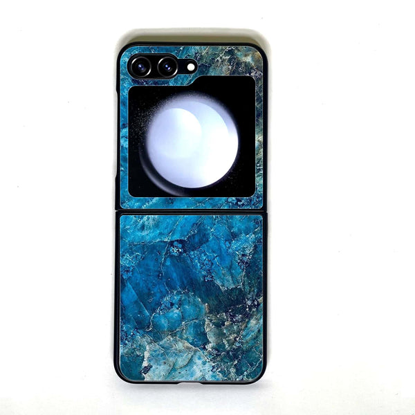 Galaxy Z Flip 5 - Blue Marble Design 10 - Premium Printed Glass soft Bumper shock Proof Case