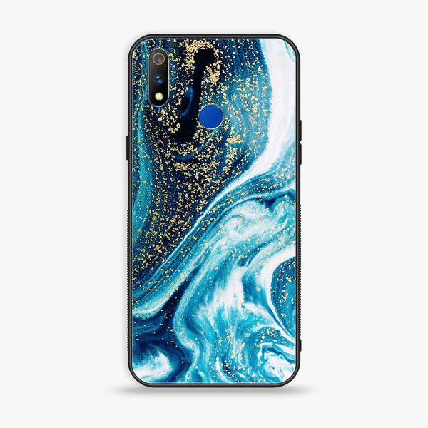 Realme 3 Blue Marble Series Premium Printed Glass soft Bumper shock Proof Case