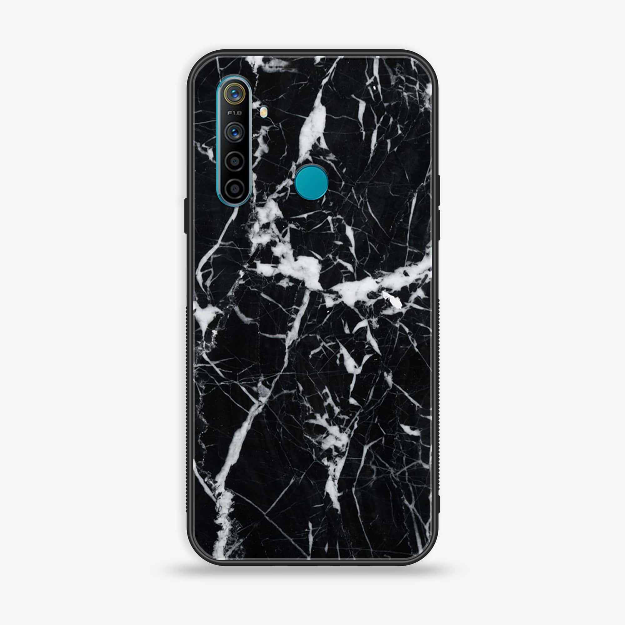 Realme 5 Black Marble Series Premium Printed Glass soft Bumper shock Proof Case