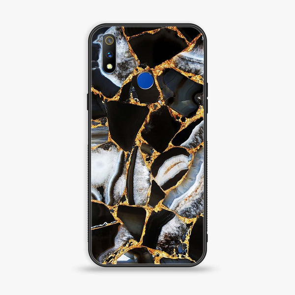 Realme 3 Black Marble Series Premium Printed Glass soft Bumper shock Proof Case