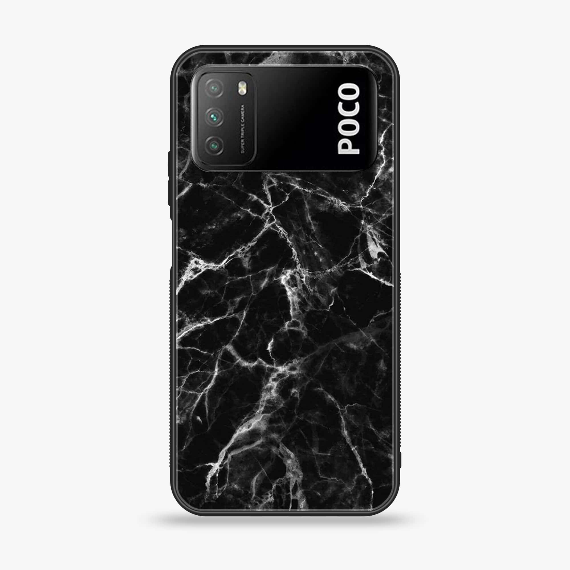 Xiaomi Poco M3 - Black Marble Series - Premium Printed Glass soft Bumper shock Proof Case