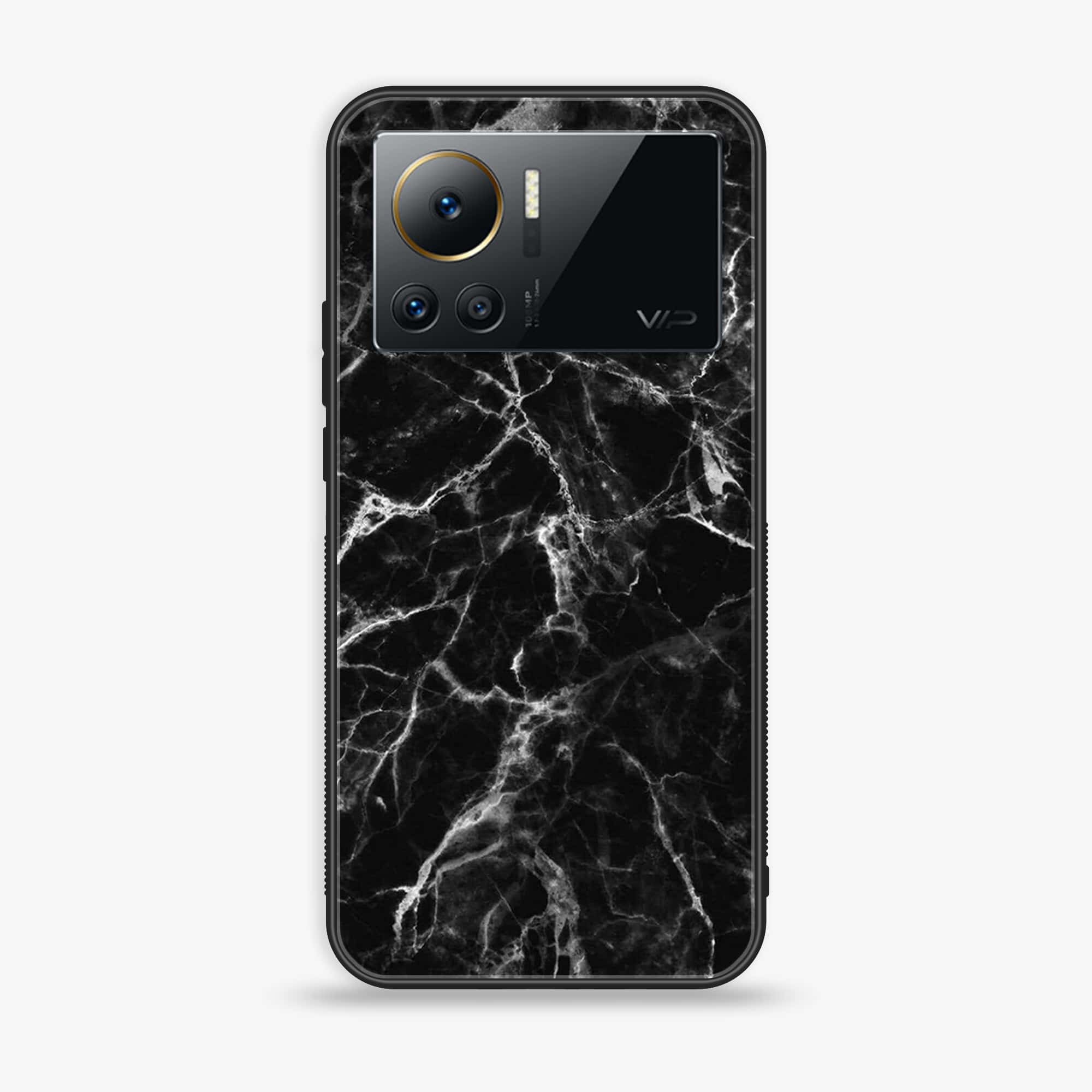 Infinix Note 12 VIP - Black Marble Series - Premium Printed Glass soft Bumper shock Proof Case