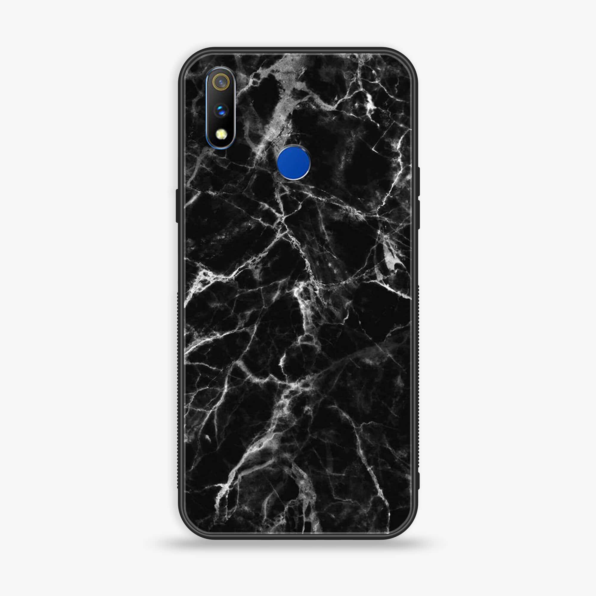 Realme 3 Black Marble Series Premium Printed Glass soft Bumper shock Proof Case
