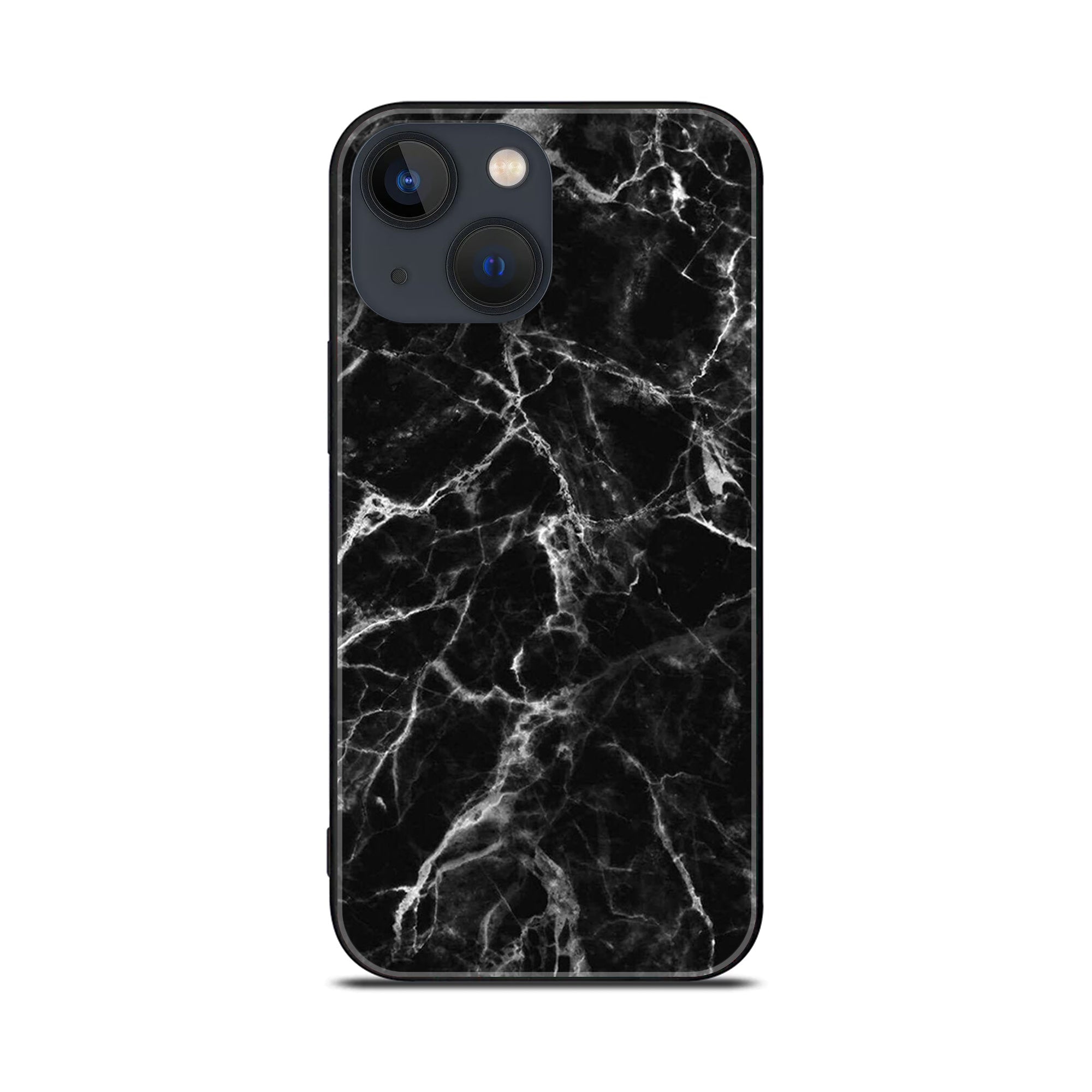 iPhone 14 - Black Marble Series - Premium Printed Glass soft Bumper shock Proof Case