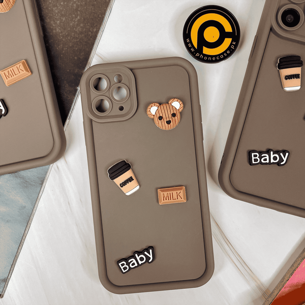 iPhone 11 Pro Max Cute 3D Bear Coffee Milk Candy icons Liquid silicon Case