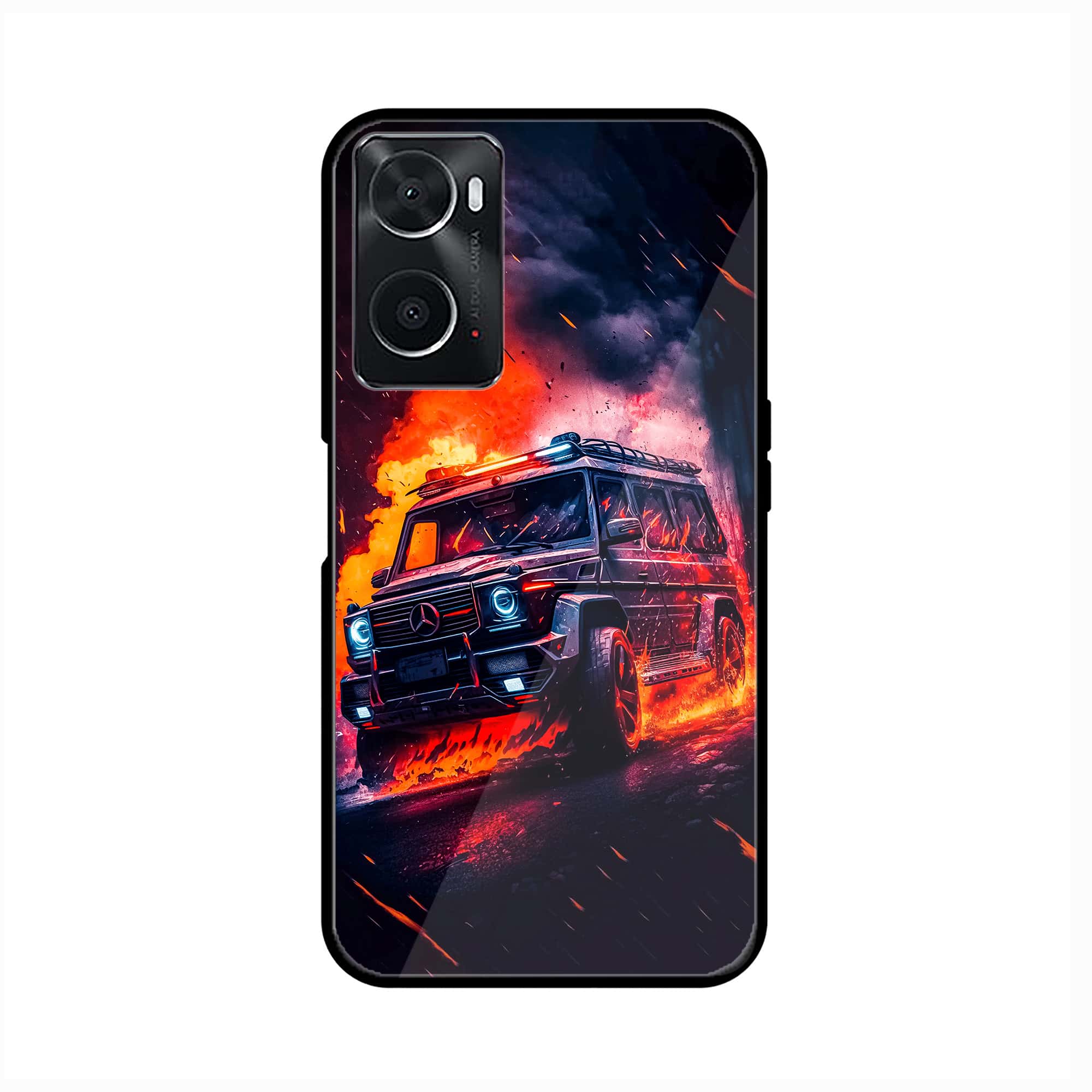 Oppo A76 Racing Series Premium Printed Glass soft Bumper shock Proof Case
