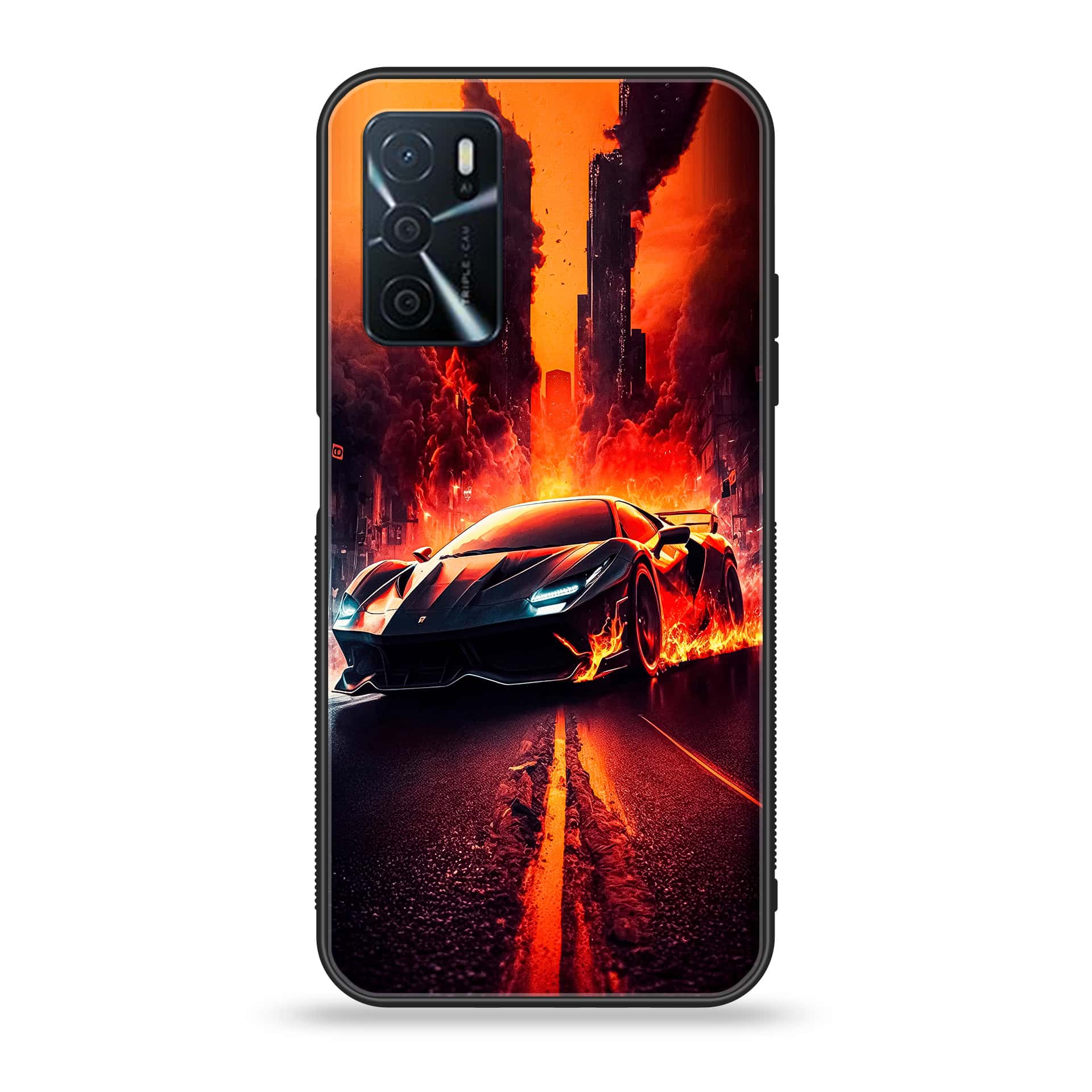 OPPO A16 - Racing Series - Premium Printed Glass soft Bumper shock Proof Case